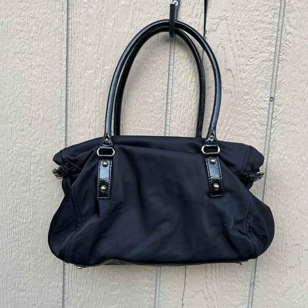 Kate Spade New York Fold Over Black Nylon with Black‎ Patent Leather Handles